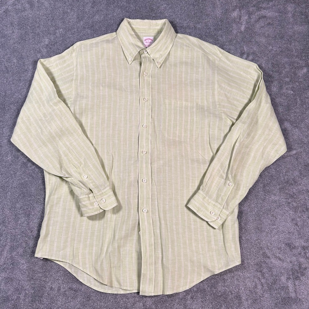 Brooks Brothers Mens Irish Linen Button Down Shirt Large Green White Stripe L/S